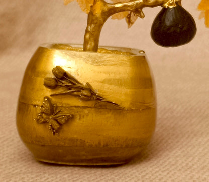 Gilded Bonsai Fig Branch with Glass Leaves and Black Agate Fig