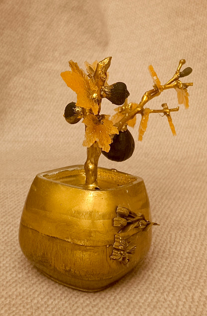 Gilded Bonsai Fig Branch with Glass Leaves and Black Agate Fig