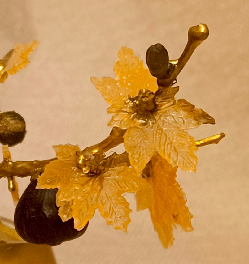 Gilded Bonsai Fig Branch with Glass Leaves and Black Agate Fig