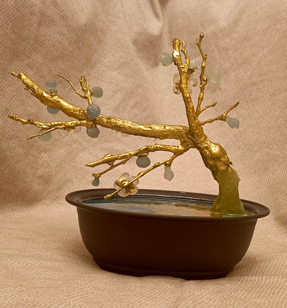 Gold-Plated Brass Fig Bonsai Sculpture with Translucent Imperial Stone Fruit