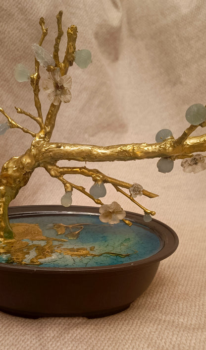 Gold-Plated Brass Fig Bonsai Sculpture with Translucent Imperial Stone Fruit
