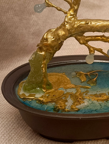 Gold-Plated Brass Fig Bonsai Sculpture with Translucent Imperial Stone Fruit