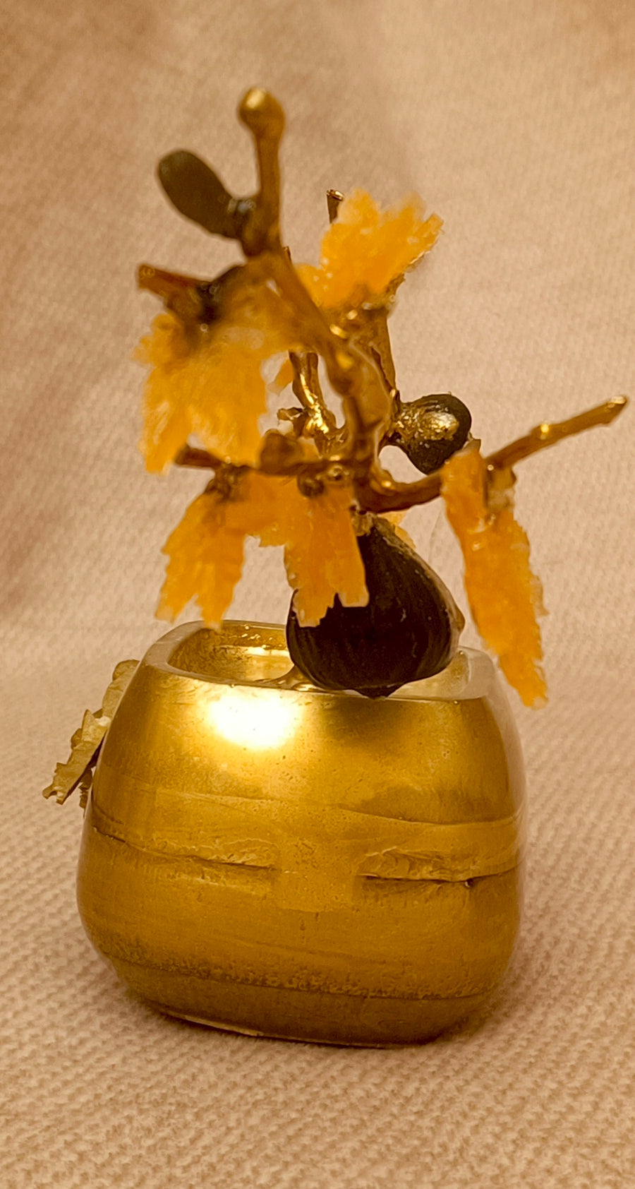 Gilded Bonsai Fig Branch with Glass Leaves and Black Agate Fig