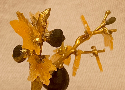 Gilded Bonsai Fig Branch with Glass Leaves and Black Agate Fig