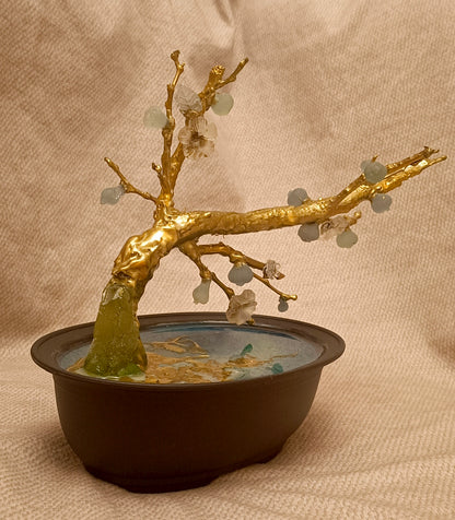 Gold-Plated Brass Fig Bonsai Sculpture with Translucent Imperial Stone Fruit