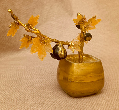 Gilded Bonsai Fig Branch with Glass Leaves and Black Agate Fig