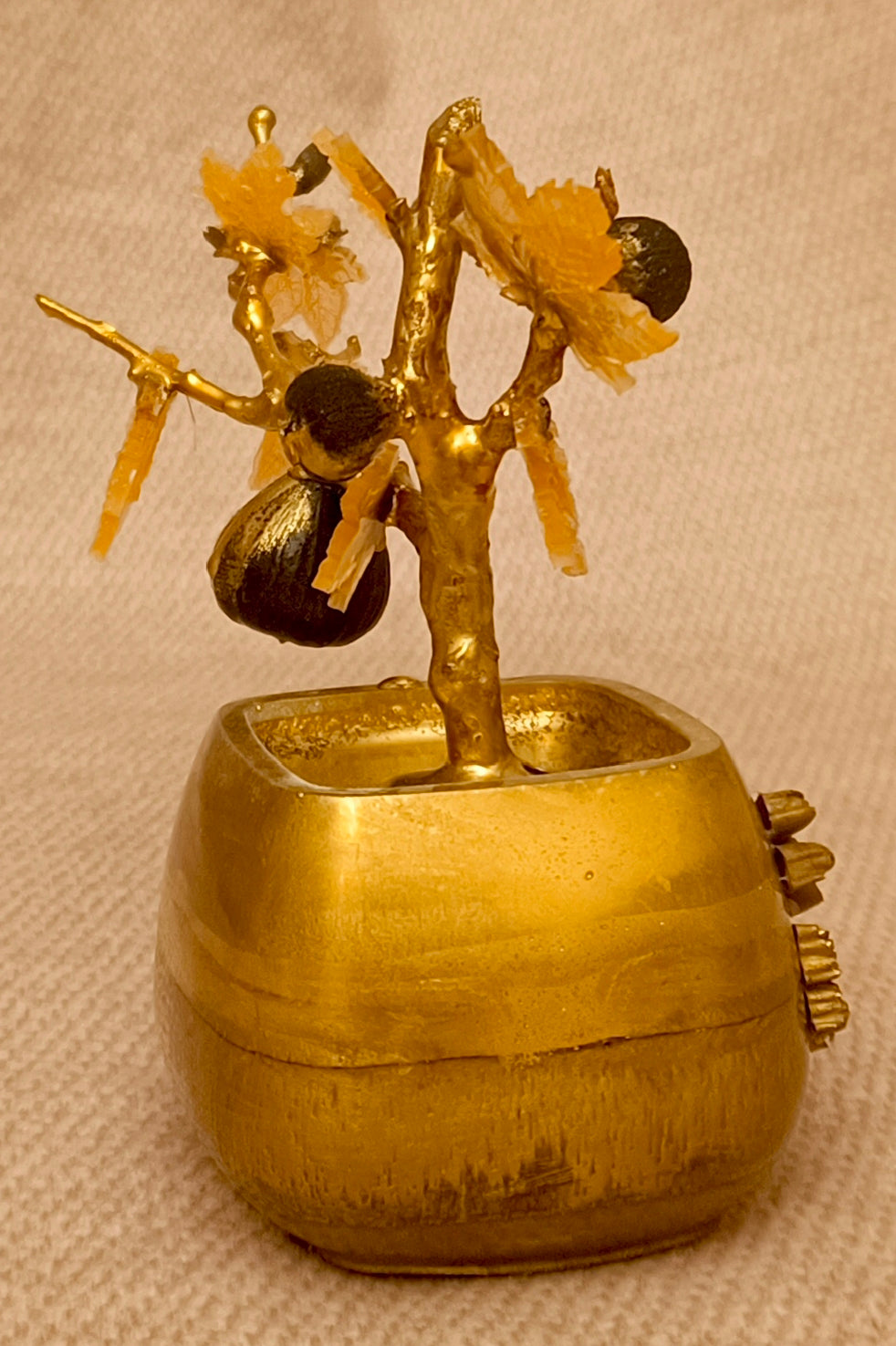 Gilded Bonsai Fig Branch with Glass Leaves and Black Agate Fig