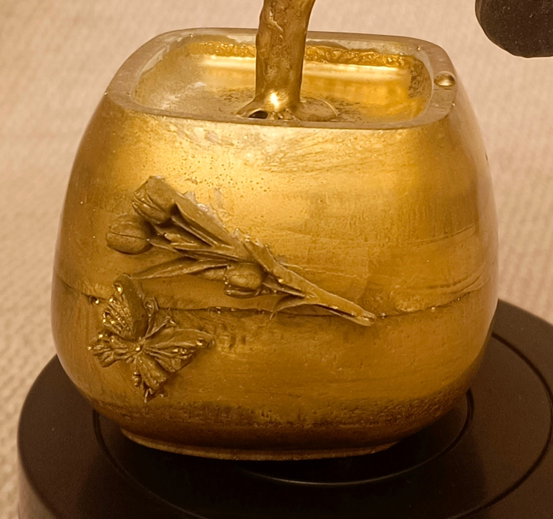 Gilded Bonsai Fig Branch with Glass Leaves and Black Agate Fig