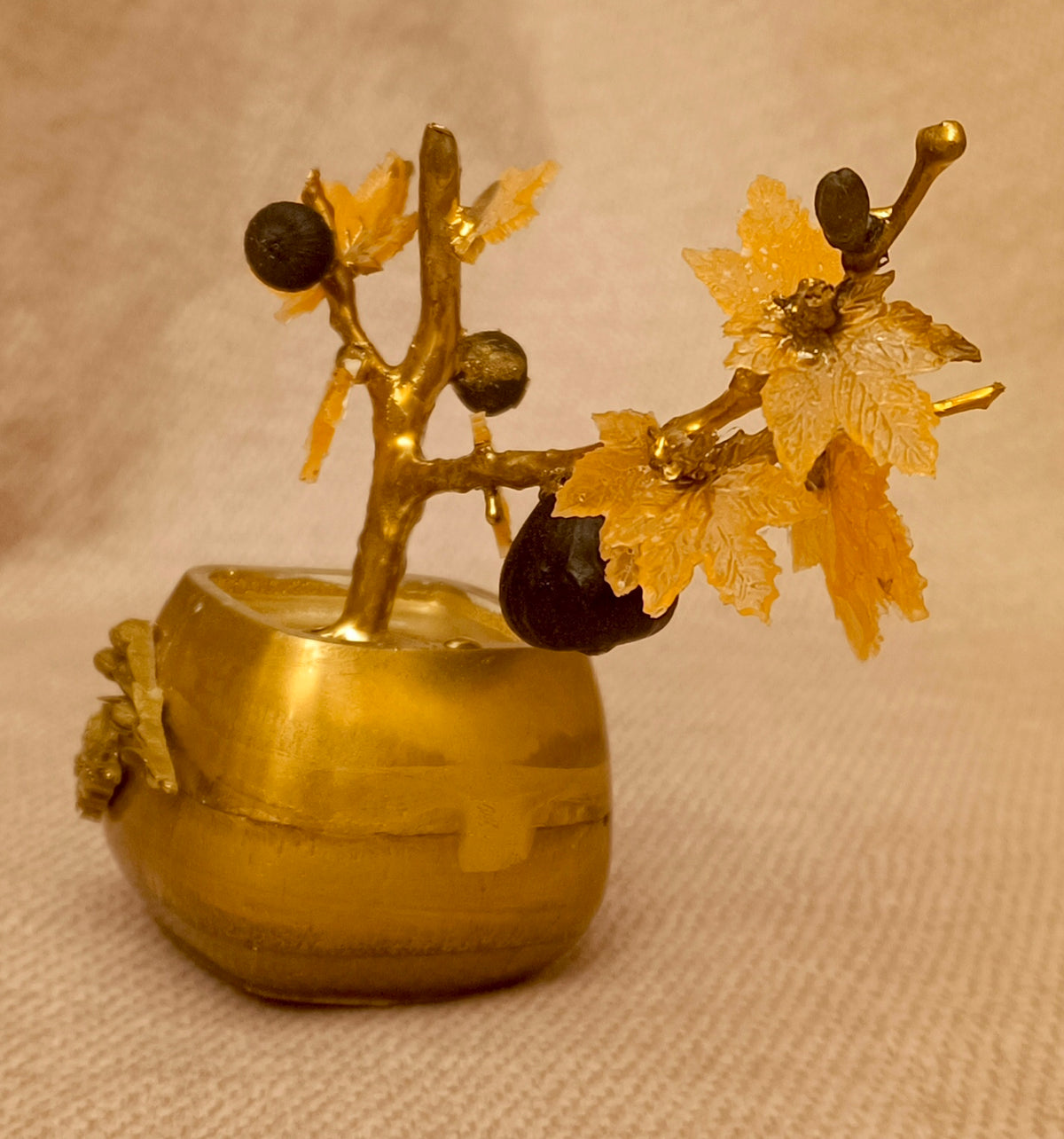 Gilded Bonsai Fig Branch with Glass Leaves and Black Agate Fig