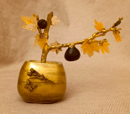 Gilded Bonsai Fig Branch with Glass Leaves and Black Agate Fig