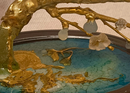 Gold-Plated Brass Fig Bonsai Sculpture with Translucent Imperial Stone Fruit