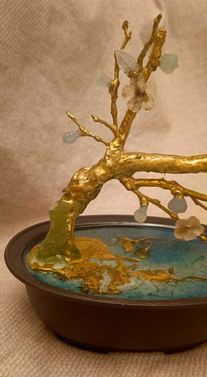 Gold-Plated Brass Fig Bonsai Sculpture with Translucent Imperial Stone Fruit