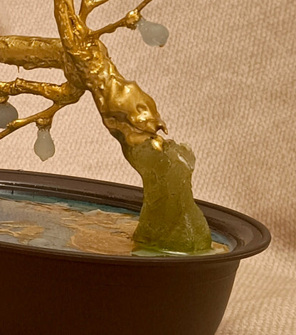Gold-Plated Brass Fig Bonsai Sculpture with Translucent Imperial Stone Fruit