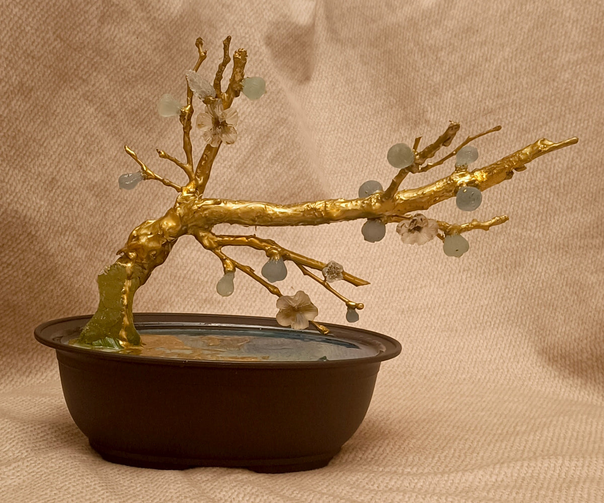 Gold-Plated Brass Fig Bonsai Sculpture with Translucent Imperial Stone Fruit