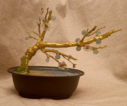 Gold-Plated Brass Fig Bonsai Sculpture with Translucent Imperial Stone Fruit