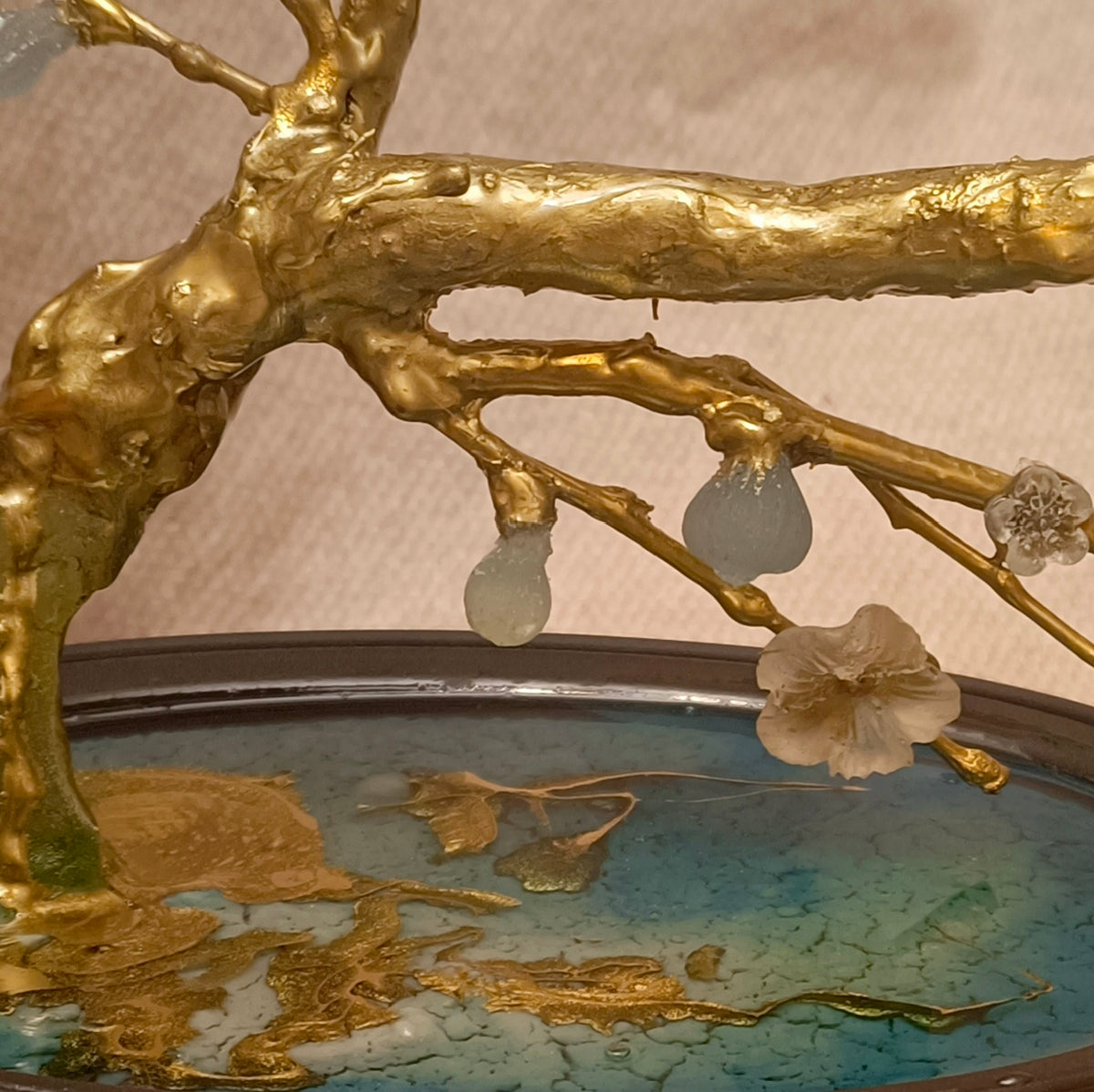 Gold-Plated Brass Fig Bonsai Sculpture with Translucent Imperial Stone Fruit