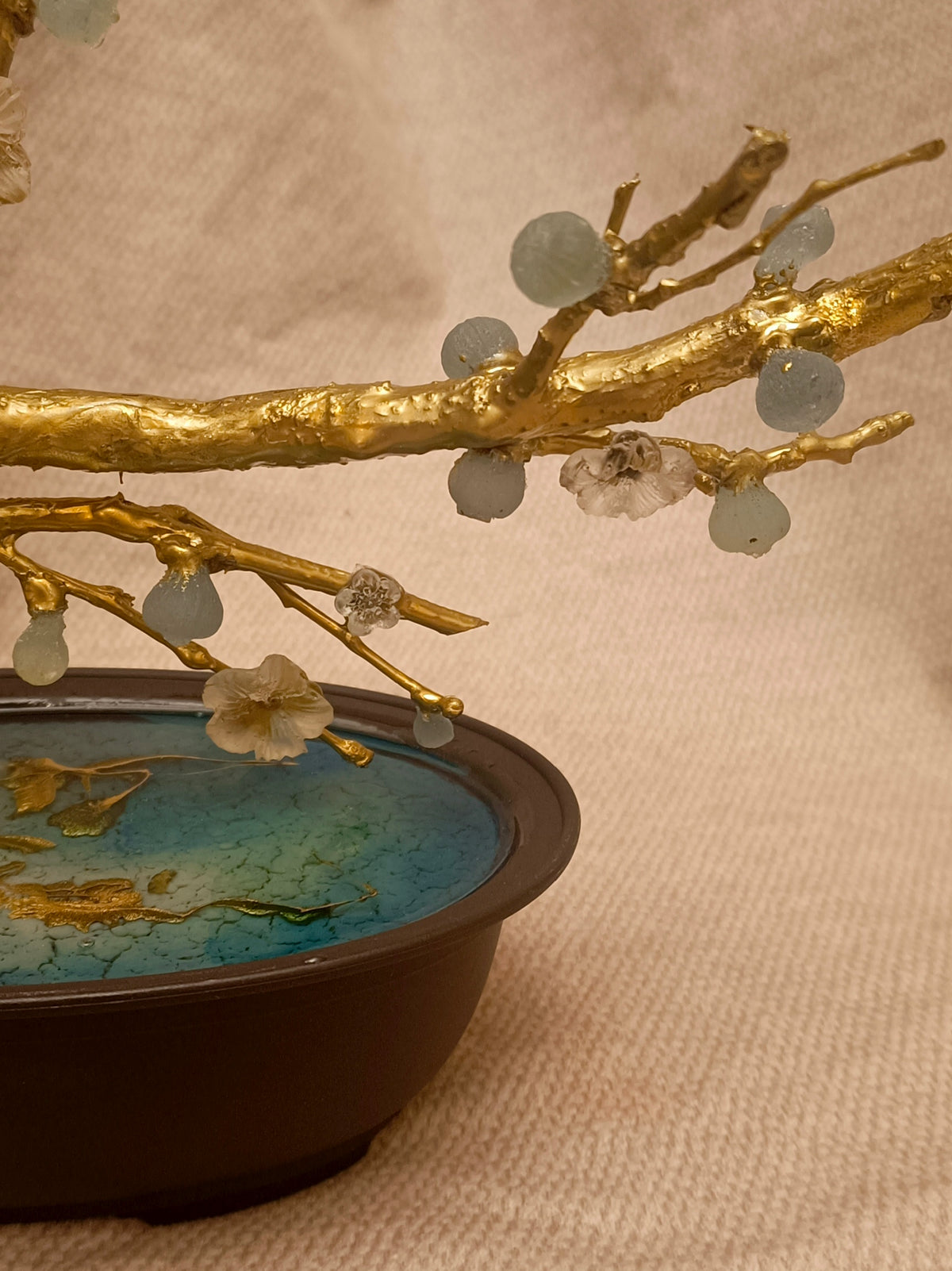 Gold-Plated Brass Fig Bonsai Sculpture with Translucent Imperial Stone Fruit