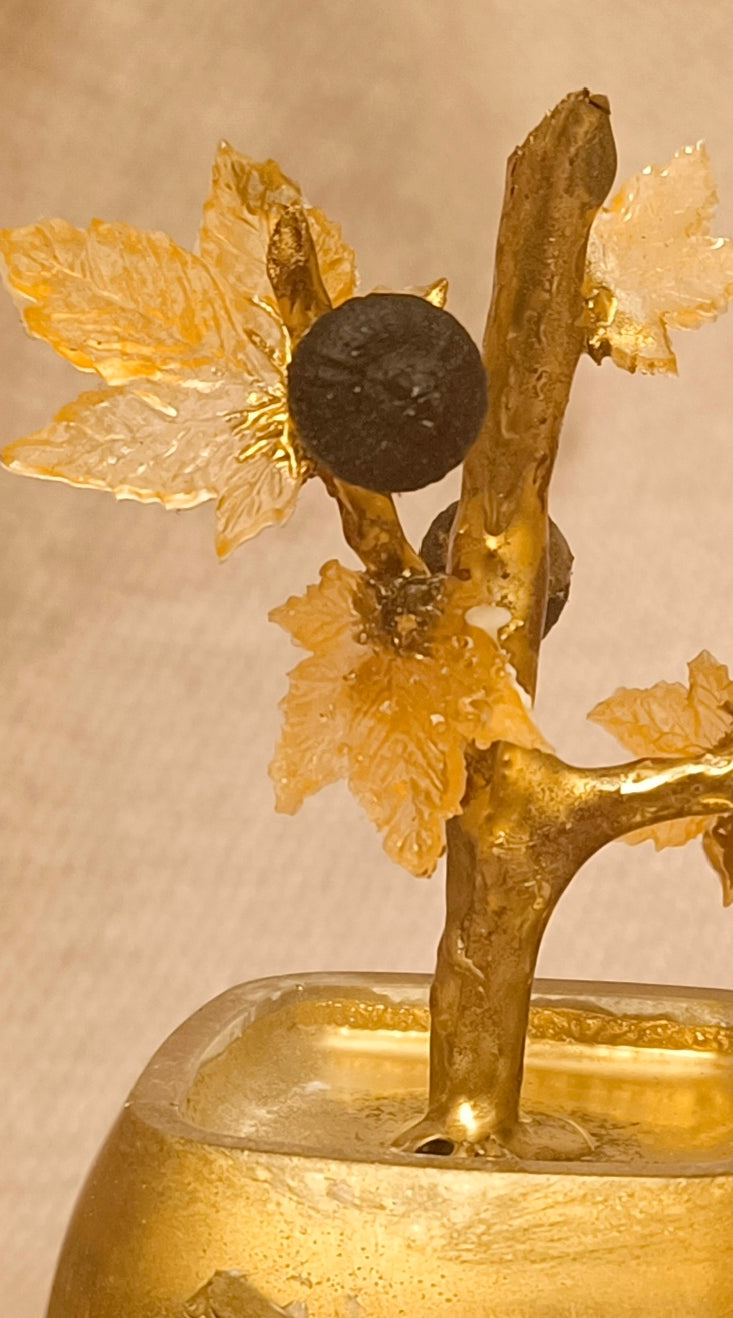 Gilded Bonsai Fig Branch with Glass Leaves and Black Agate Fig
