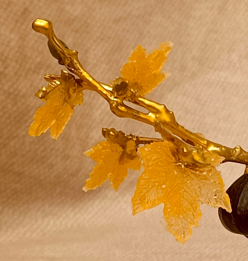 Gilded Bonsai Fig Branch with Glass Leaves and Black Agate Fig